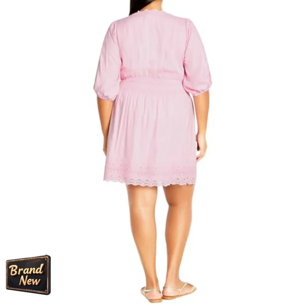 Plus Size V-Neck Dress with Puff Sleeves, Elastic Waist, Crochet Details